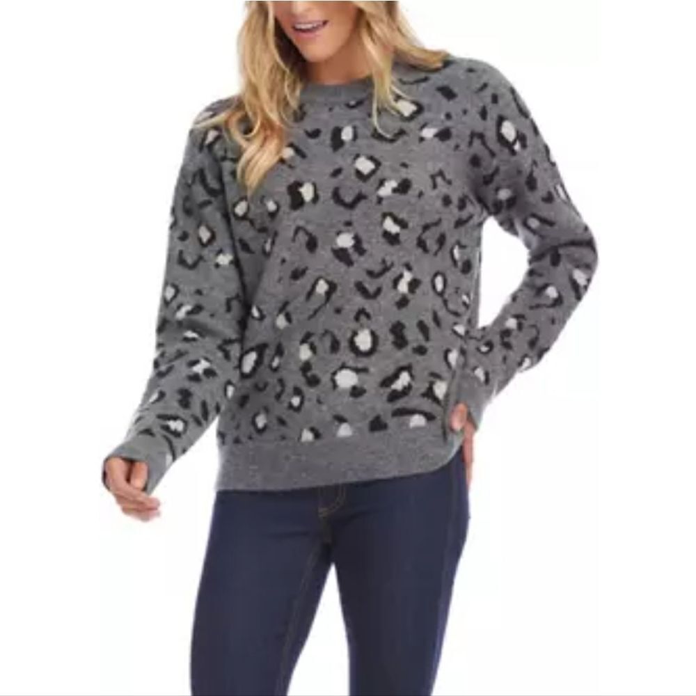 KAREN KANE‎ Gray Leopard Animal Print Pullover Sweater- Size Large